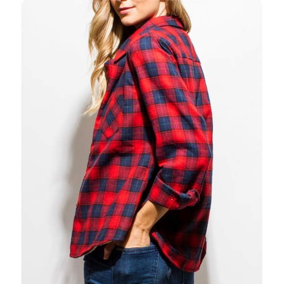 Red Sherpa Lined Flannel Plaid Shirt Jacket Top - Picture 4 of 8